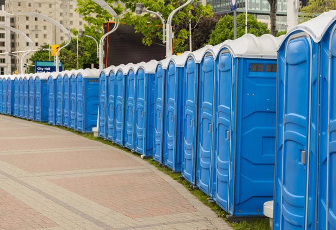 a row of portable restrooms ready for eventgoers in American Canyon, CA